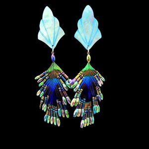 Handcrafted Iridescent Peacock Feather & Bead Earrings Shell Leaf Design 3.5"